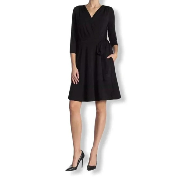 ECI Stretch 3/4 Sleeve Black Women's Wrap Dress - Picture 10 of 10